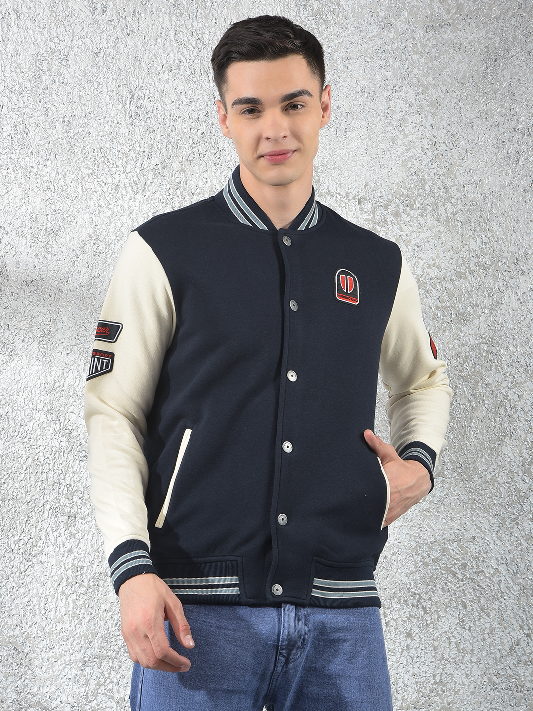 Numero Uno Men Applique Blue Front Open Buttoned Sweatshirt